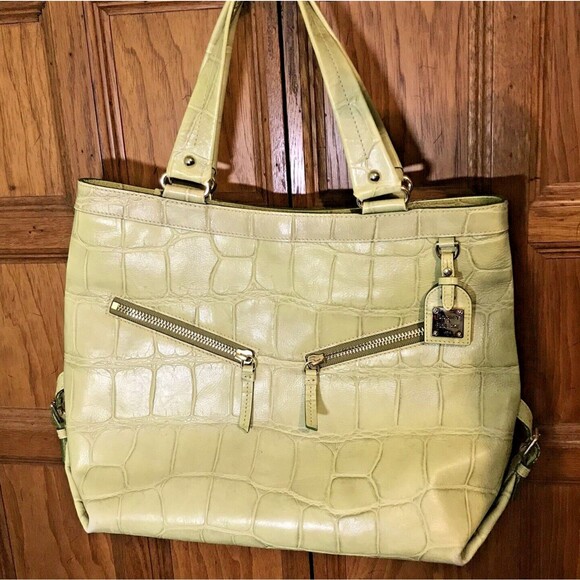 Dooney & Bourke Lime Green Croc Embossed Leather Double Handle Large Tote Bag - Picture 1 of 11